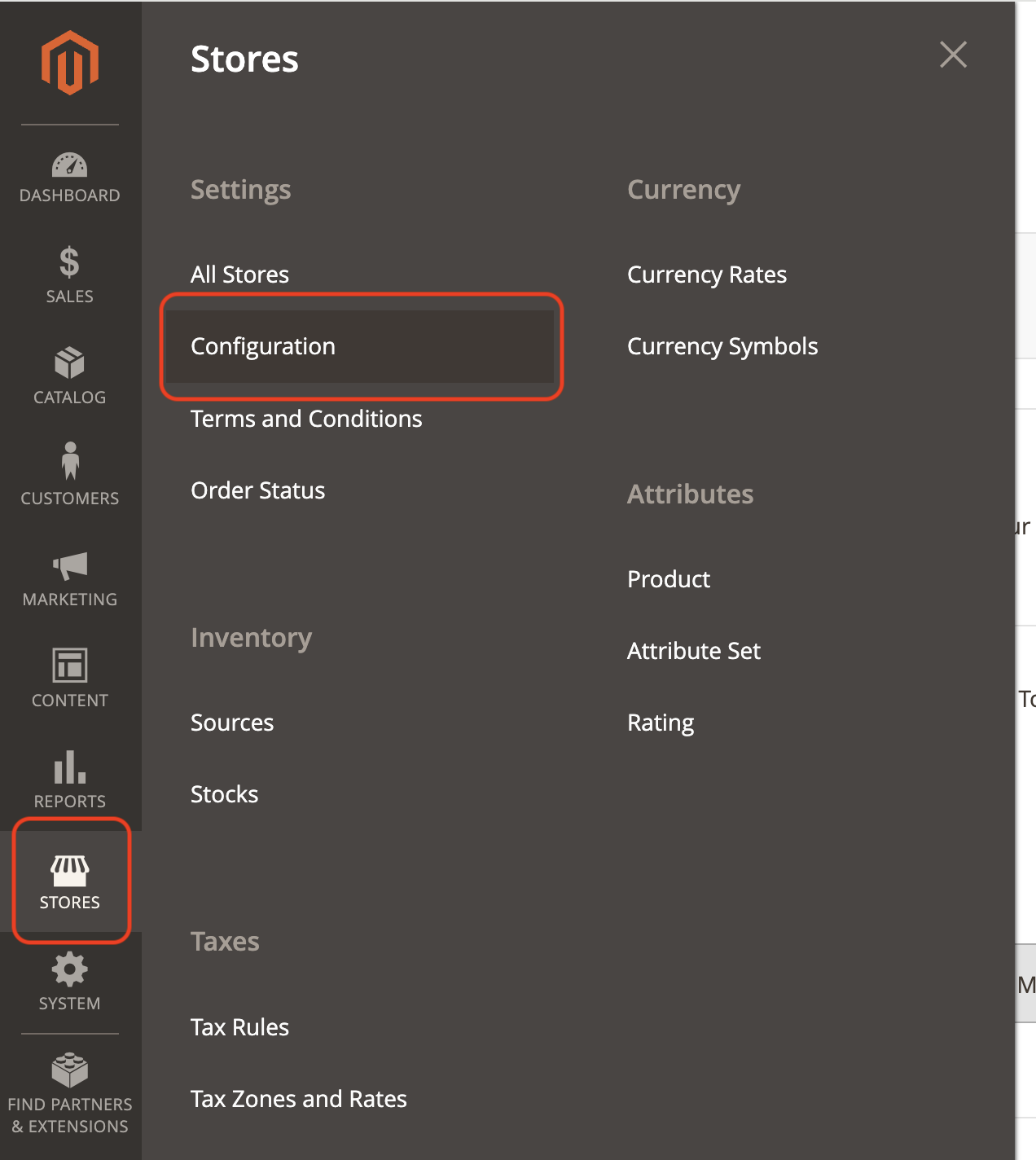 Open menu Stores - Configuration